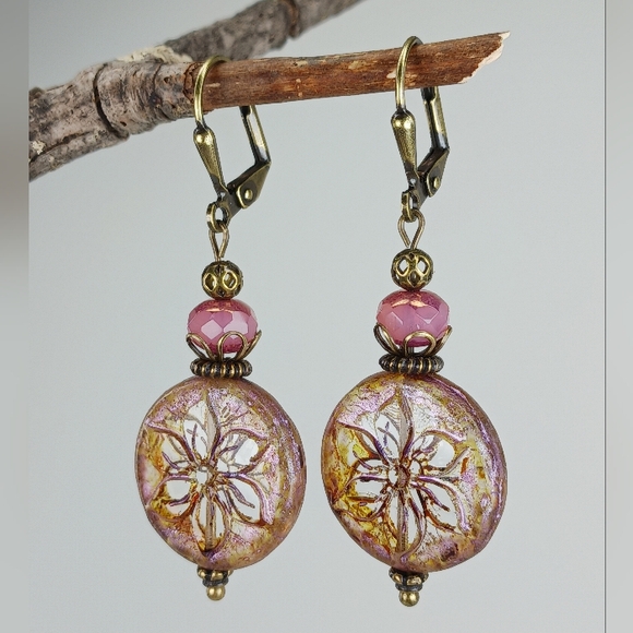 HAND CRAFTED Pink Bronze Artisan Glass Flower Boho Vintage Style Dangle Earrings - Picture 2 of 6